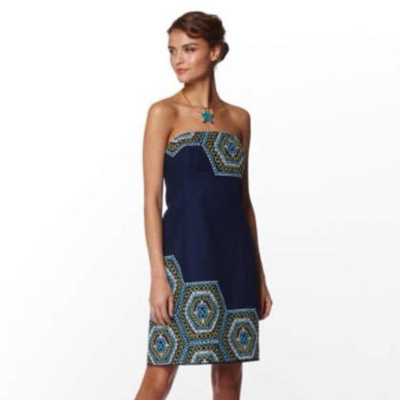 Lilly Pulitzer Bowen Geometric Embroidered Strapless Navy Dress Size 8 Cotton - Picture 1 of 10